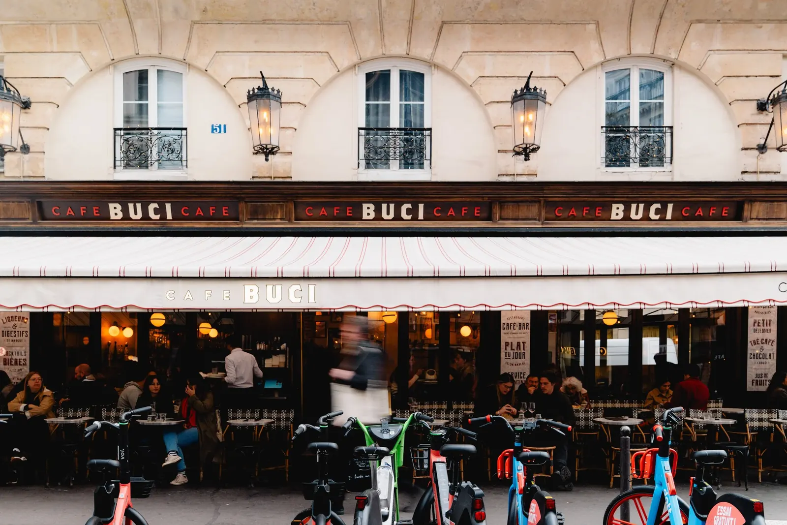 Café Buci's terrace in the evening